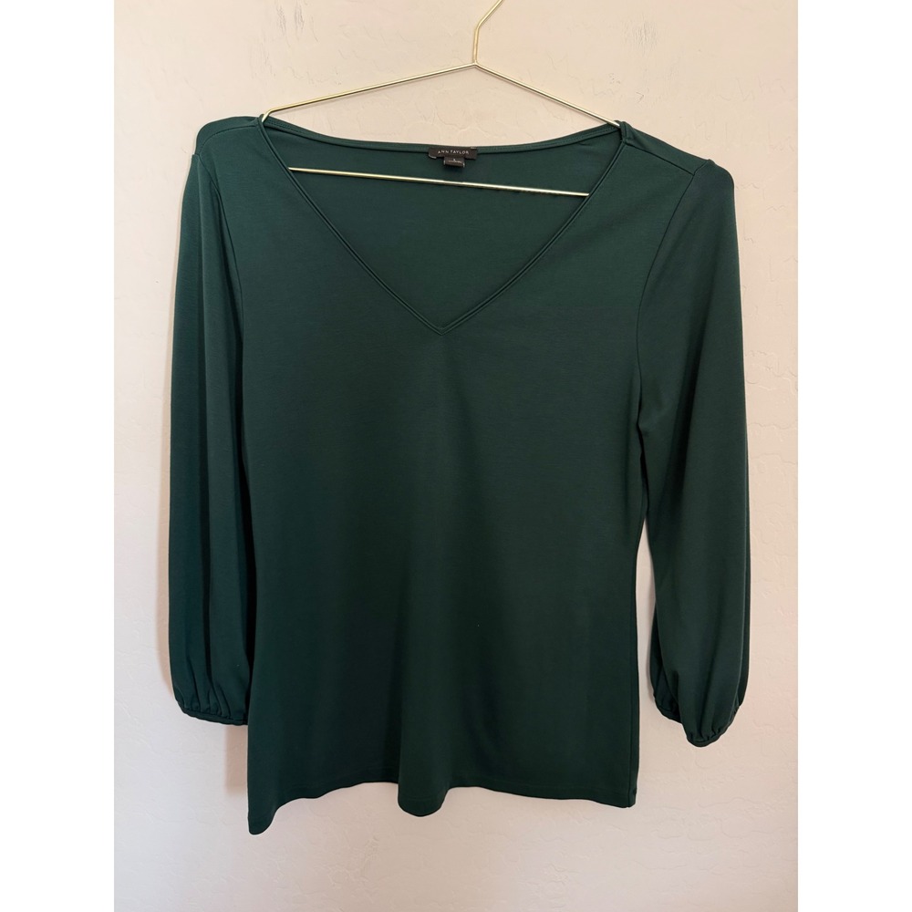 Ann Taylor Womens Forest Green V-Neck 3/4 Sleeve Minimalist Classic Top Size S